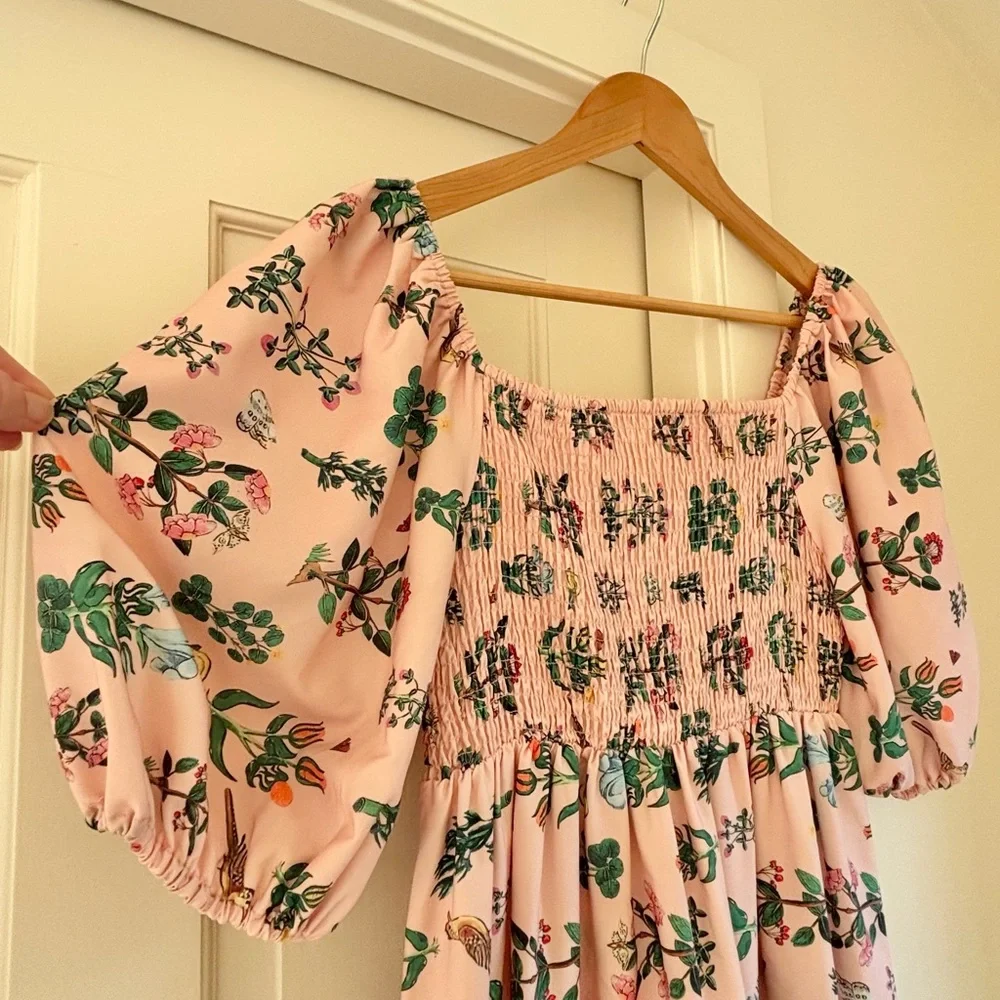 Pink and green botanical puff sleeve midi - Picture 2 of 8